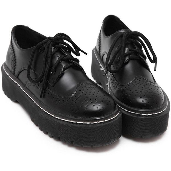 Black Round Toe Pierced Lace Up Flat Shoes ($30) ❤ liked on Polyvore featuring…