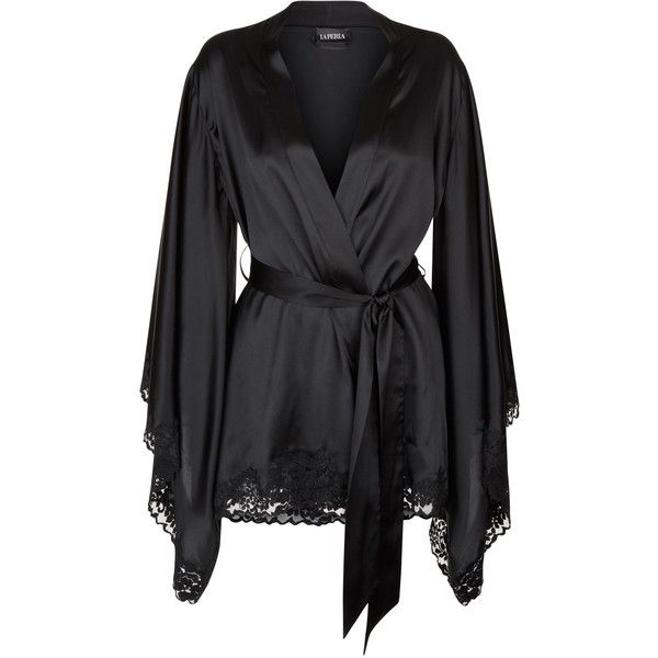 Black short kimono robe in stretch silk satin and Leavers lace ❤ liked on Poly…