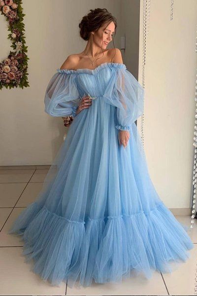 Blue Tulle Off Shoulder Puffy Sleeves Long Prom Dress, Evening Dress P2154