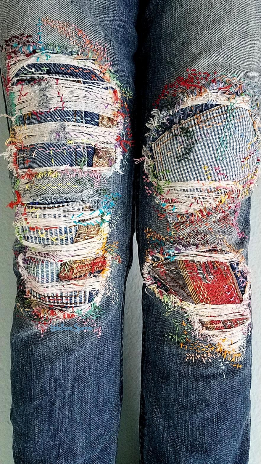 Boro embroidery patched jeans, distress girlfriend jeans, patchwork denim