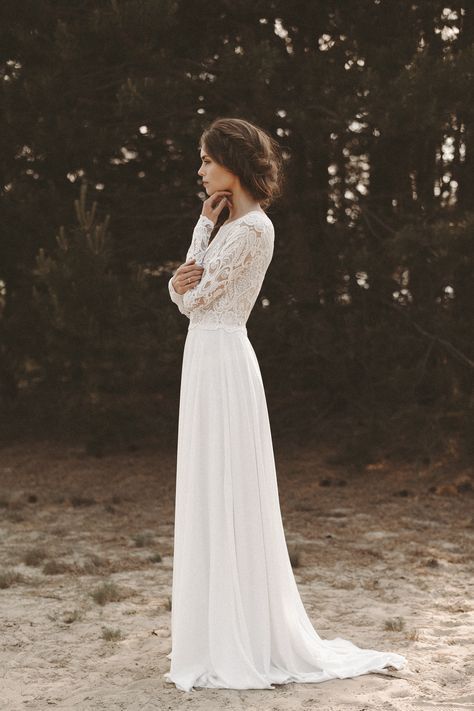 Brautkleid lange Spitzenärmel Rückenausschnitt Boho Hochzeitskleid Vintage Bra…