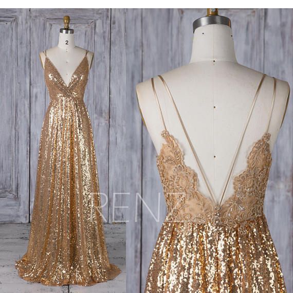 Bridesmaid Dress Gold Sequin Dress Lace Boho Wedding Dress V Neck Backless Wedding Gown (HQ580)