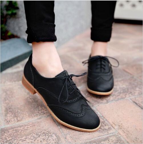 Brogue Women Lace Up Wing Tip Oxford College Style Flat Fashion Shoes Big Size