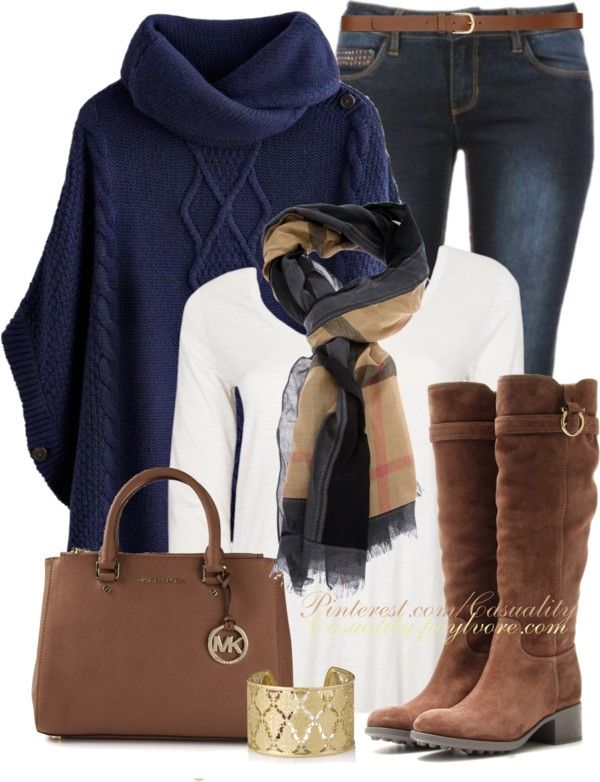 Burberry Haymarket & Navy Poncho Sweater Outfit