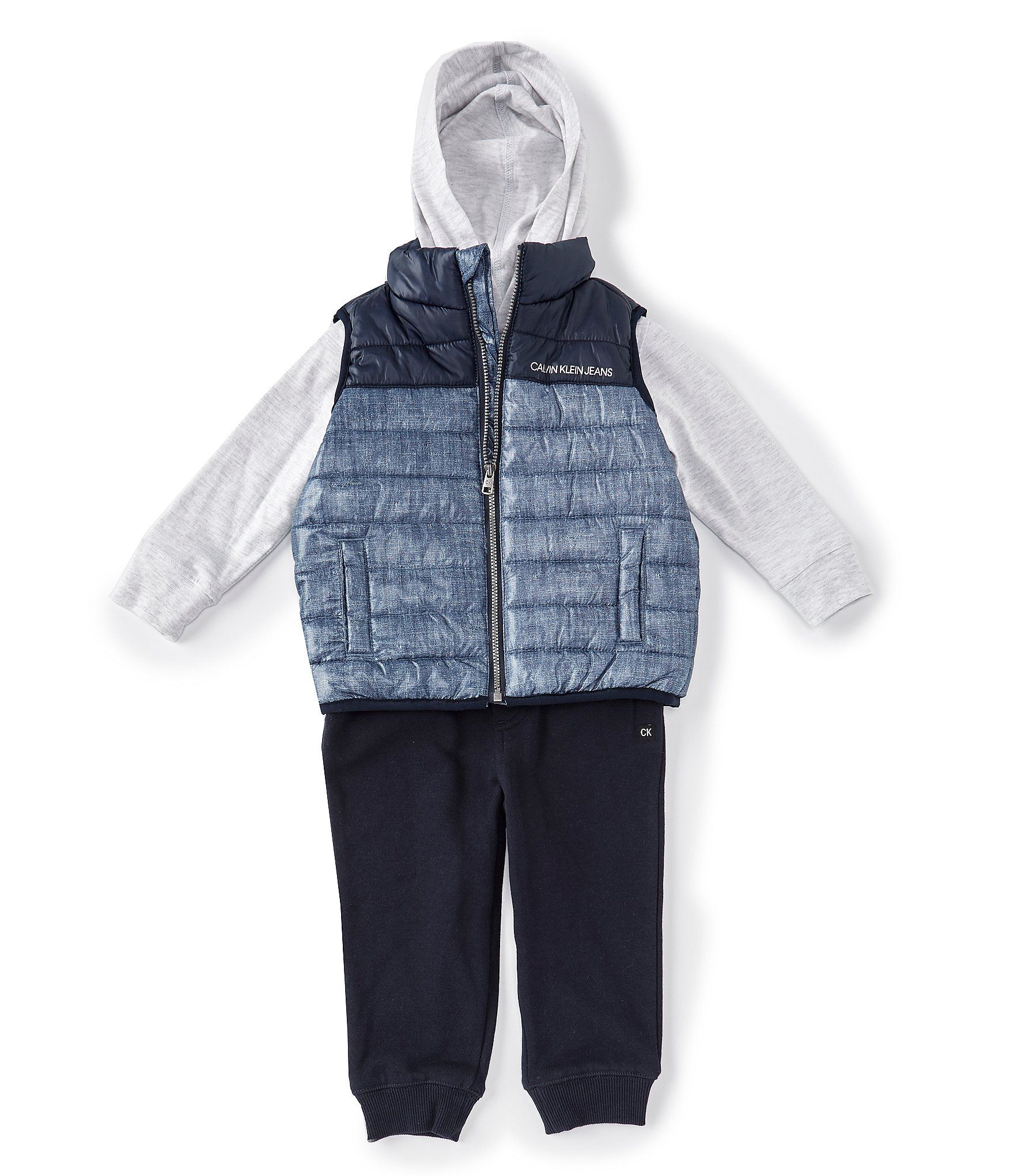 Calvin Klein Baby Boys 12-24 Months Colorblock Logo Hoodie, Quilted Vest, & Jogger Set | Dillard’s
