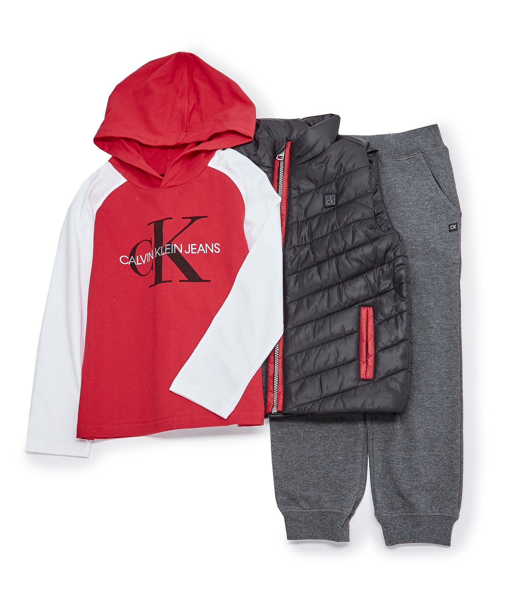 Calvin Klein Little Boys 2T-7 Logo Hoodie, Quilted Vest, & Jogger Set | Dillard’s