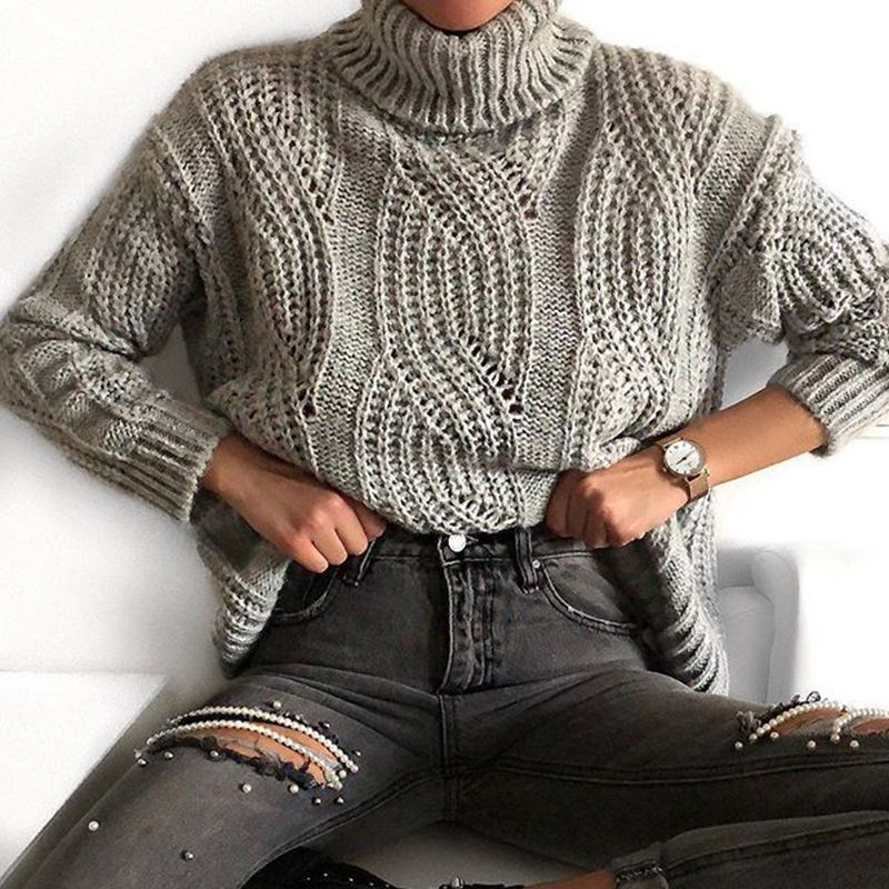 Casual Pile Collar Solid Color Loose Knit Sweater