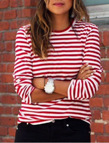 Casual Round Collar Stripes Print Long Sleeve T-Shirt For Women