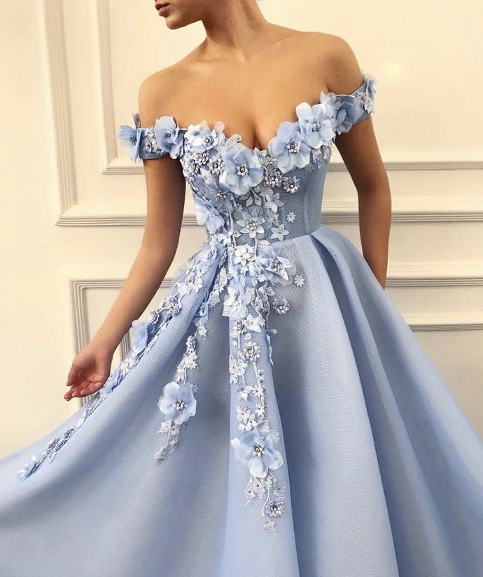 Charming Blue Tulle Flower Long Prom Dresses, Sexy Blue Evening Party Dress L6058
