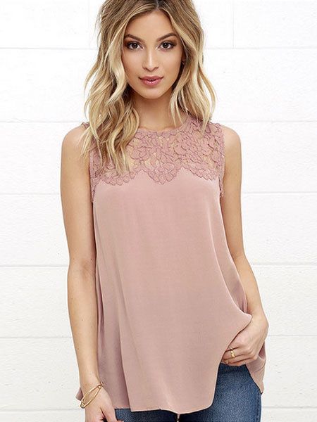 Chiffon Tank Top Salmon Lace Round Neck Sleeveless Casual Top For Women