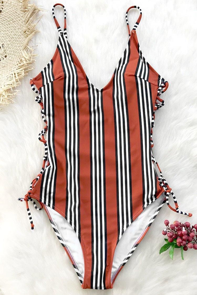 #CupShe Womens – CUPSHE Orange and Black Stripe One-piece Swimsuit