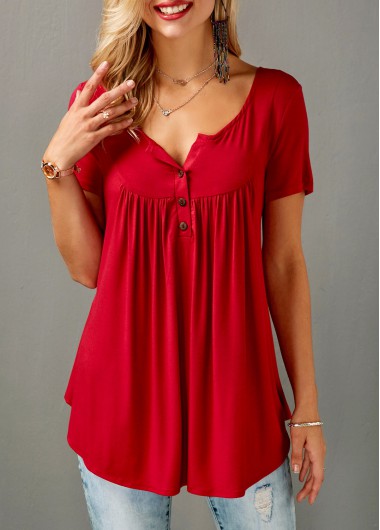 Curved Short Sleeve Split Neck Red Blouse on sale only US$29.22 now, buy cheap C…