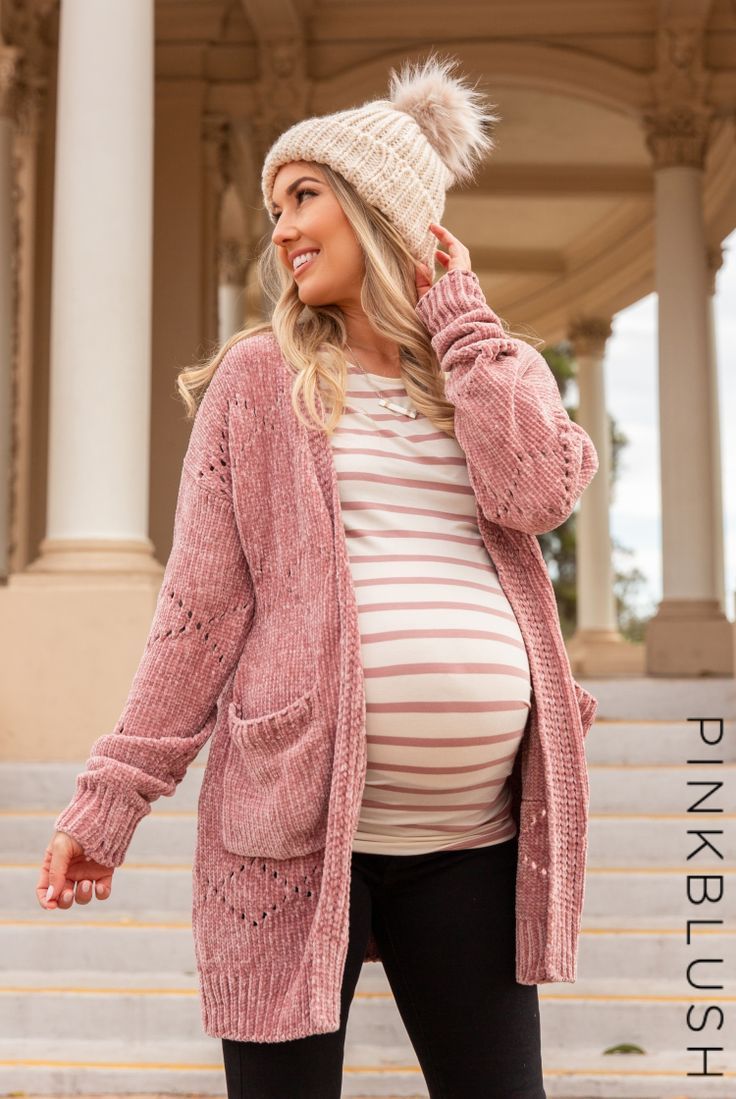 DETAILS: A solid, chenille maternity cardigan featuring long sleeves, a diamond …