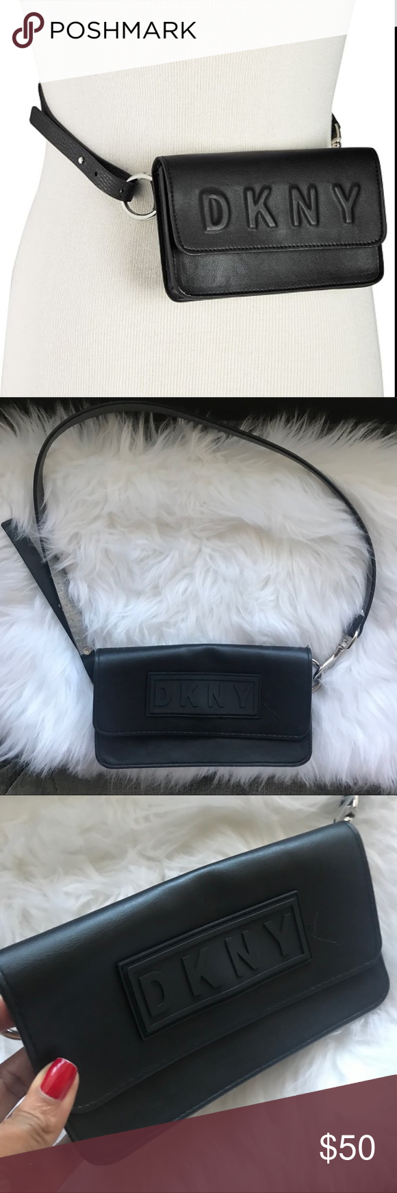 DKNY Black Waist Bag Faux leather black waist bag by DKNY. Bold lettering. Adjus…