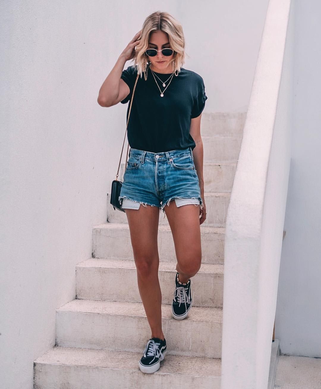 Denim shorts, basic tee & sneakers. Summer outfit done. #minimalstyle