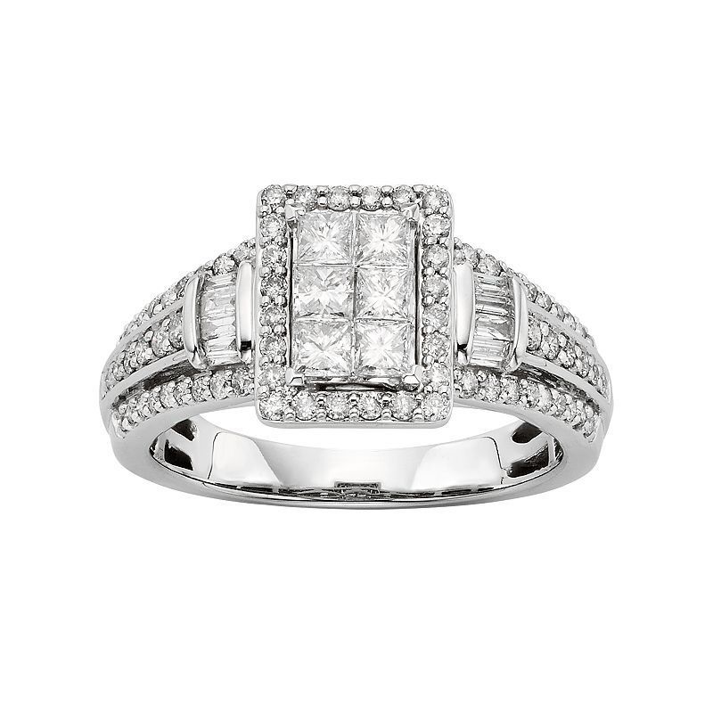 Diamond Tiered Rectangle Halo Engagement Ring in 10k White Gold (1 Carat T.W.)