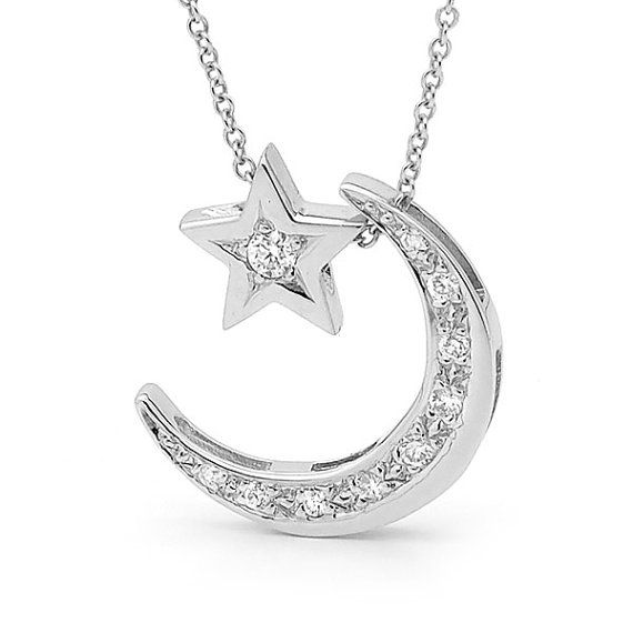 Diamond and white gold crescent moon necklace with diamond, natural diamond pendants, star and moon necklace
