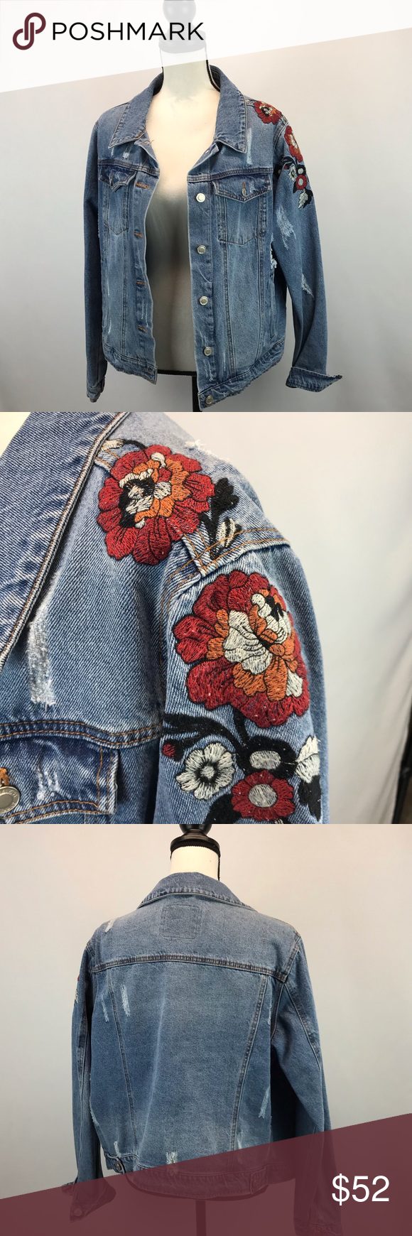 Distressed Embroidered Denim Jacket Distressed denim jacket embroidered with flo…