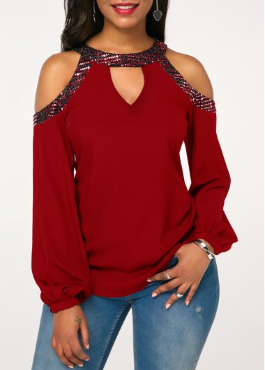 Embellished Neck Cold Shoulder Cutout Front Wine Red Blouse | Rosewe.com – USD $…