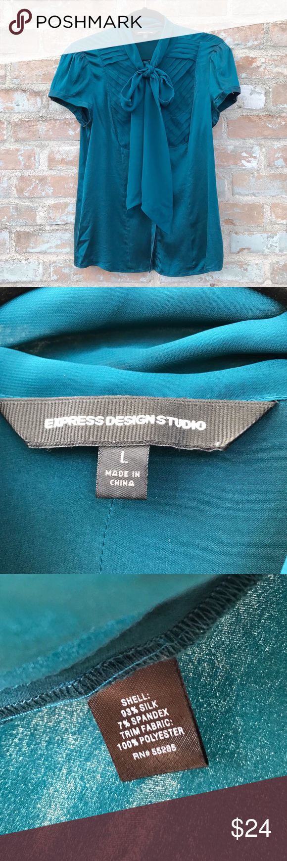 Express Design St. Silk Blouse Teal Pussy Bow Top Silk career blouse from Expres…