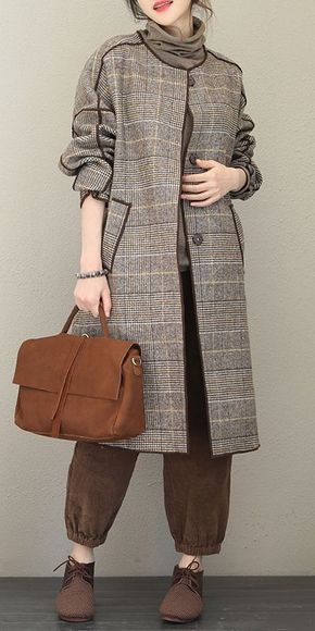 Fashion Quilted Gray Plaid Woolen Long Coat For Women Q1733