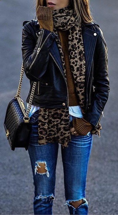 Fashion Trends Accesories – #fall #outfits · Leopard Scarf // Leather Jacket //…