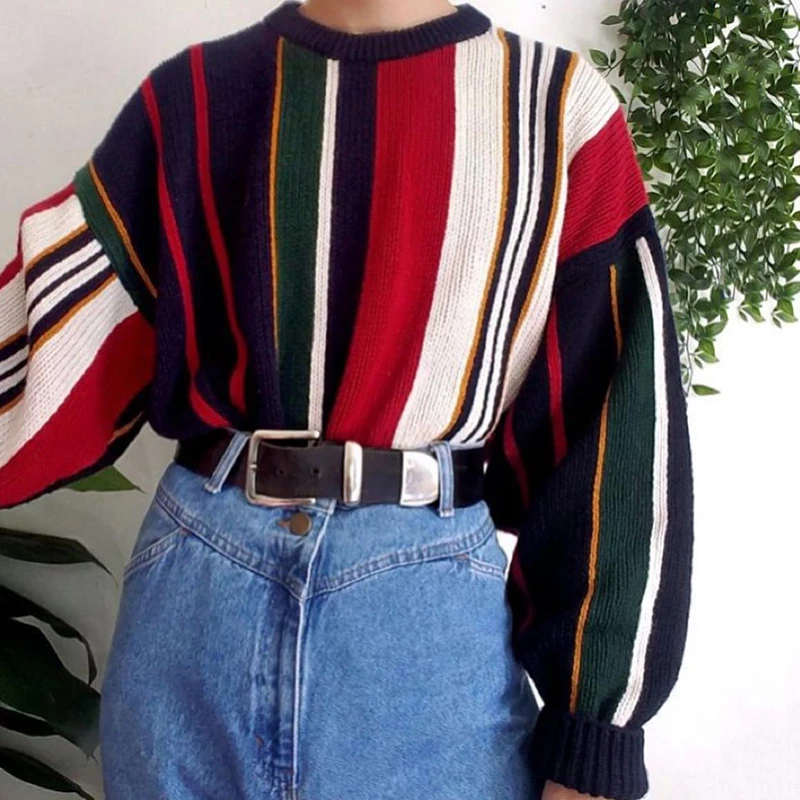Fashion round neck color striped bubble sleeve sweater