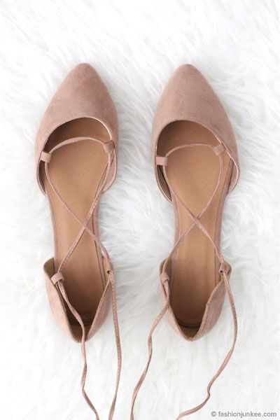Faux Suede Pointy Toe Lace Up Strappy Ballet Ballerina Flats-Nude Beige