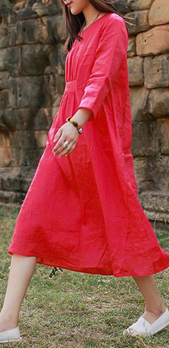 Fine-linen-dress-trendy-plus-size-Folded-Linen-Plain-Red-Dress