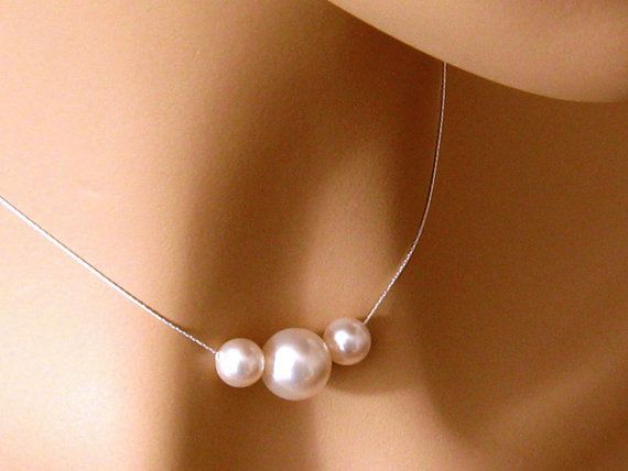 Floating Pearl Necklace, Bridal Pearl Necklace, Three Pearl Necklace, Bridesmaid White Pearl Necklace, Mother of the Bride, Mothers Day Gift