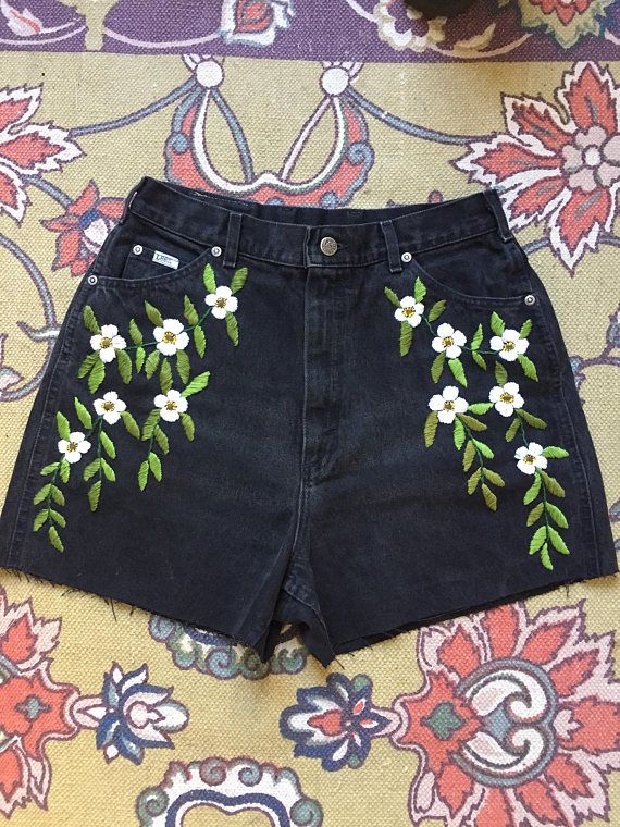 Floral embroidered black denim shorts