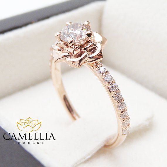 Flower Rose Unique Engagement Ring Right Hand Diamond Ring 14K Rose Gold Band Special Gift