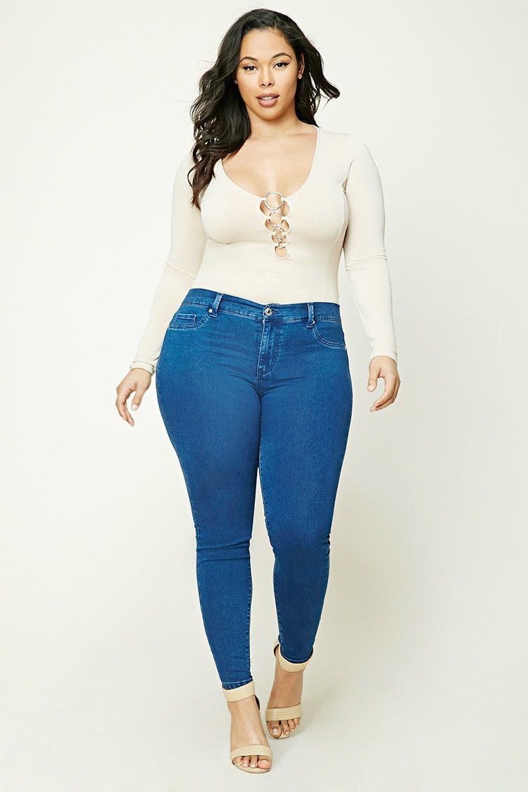 Forever 21+ – A pair of super skinny jeans featuring a mid-rise, mock front pock…
