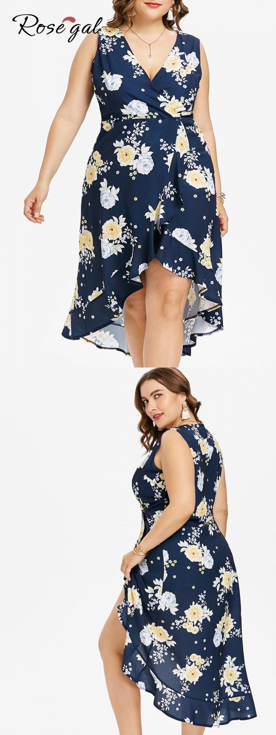 Free shipment worldwide, $25.49, Plus Size Sleeveless High Low Floral Dress – De…