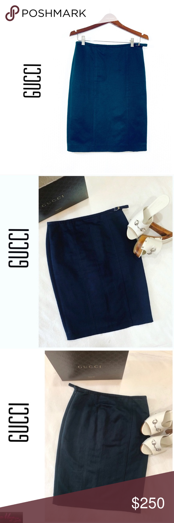 GUCCI Black Denim Pencil Skirt Side Waist Buckle Classy and elegant. Wear it fro…