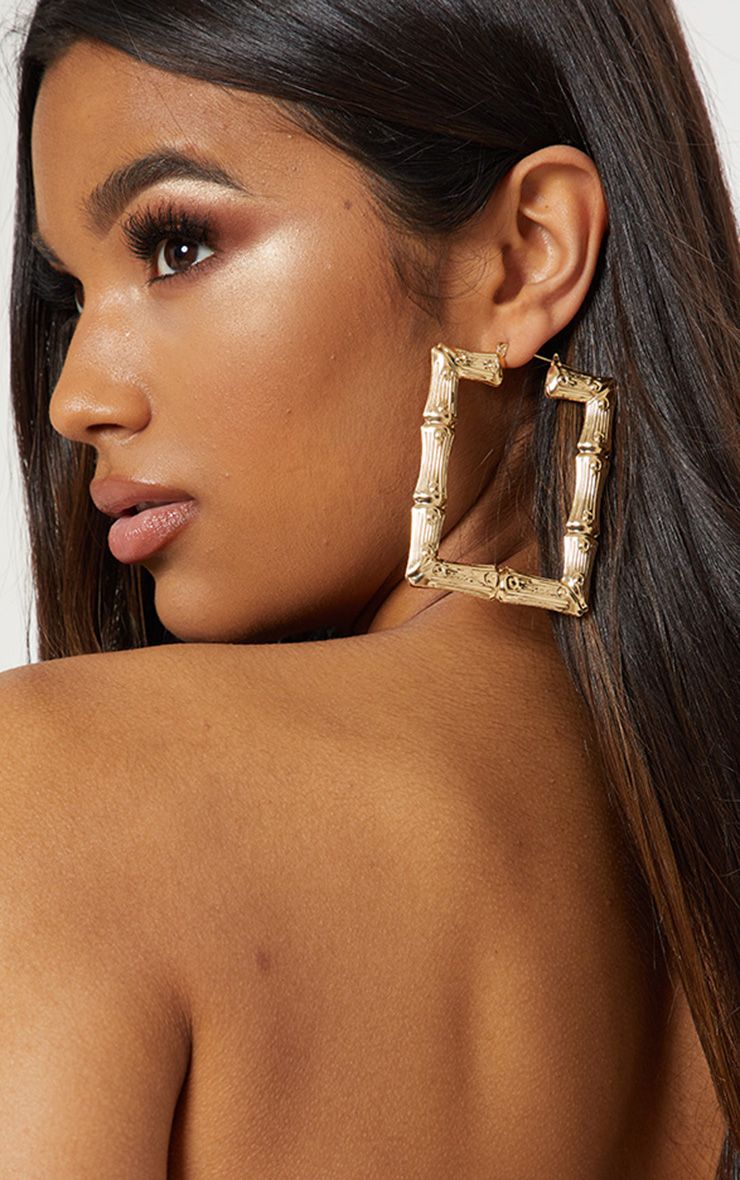 Gold Oversized Bamboo Square Large Hoop Earrings