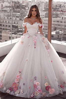 Gorgeous Ball Gown Wedding Dresses | Off-the-Shoulder Floral Beading Bridal Gown…
