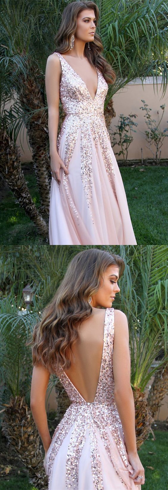 Gorgeous blush pink long prom dress, sequins deep v neck evening dress 0780