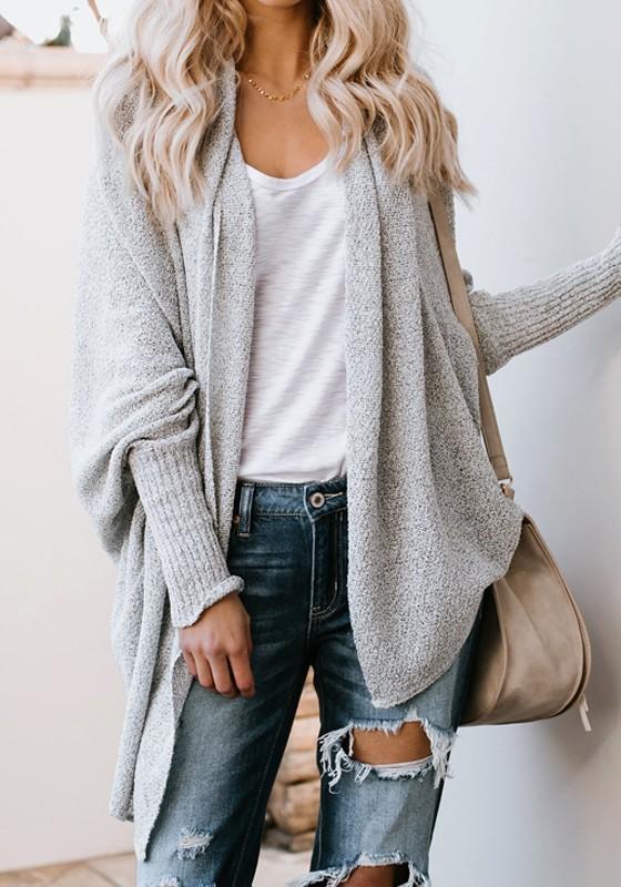 Grey Irregular High-low Oversize Going out Casual Cardigan Sweater