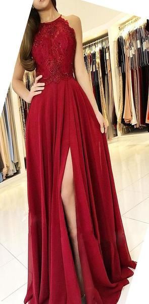 Halter Red Cheap Chiffon Custom Modest Party Long Lace Prom Dresses with Slit , PD1066 Halter Red Cheap Chiffon Custom Modest Party Long Lace Prom Dresses with Slit , PD1066