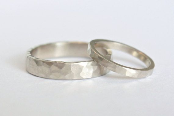 Hammered Gold Wedding Ring Set, 14k White Gold Matching Wedding Rings, Eco Friendly Recycled Gold, Matching Wedding Bands Set