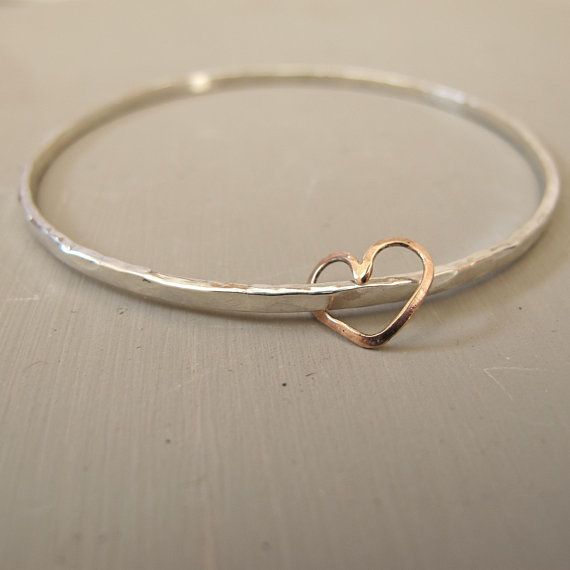 Hammered silver bangle / rose gold heart/ silver texture bangle /Mother’s day gift / heart charm / anniversary gift / bridesmaid gift