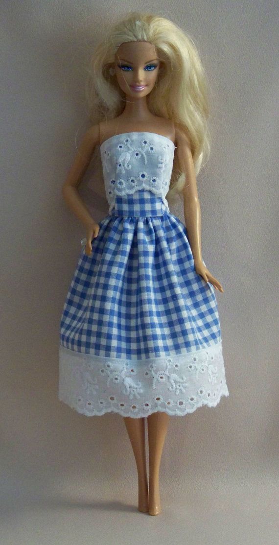Handmade Barbie Doll Clothes-Blue Gingham with Eyelet Barbie Dress #girldollclot…
