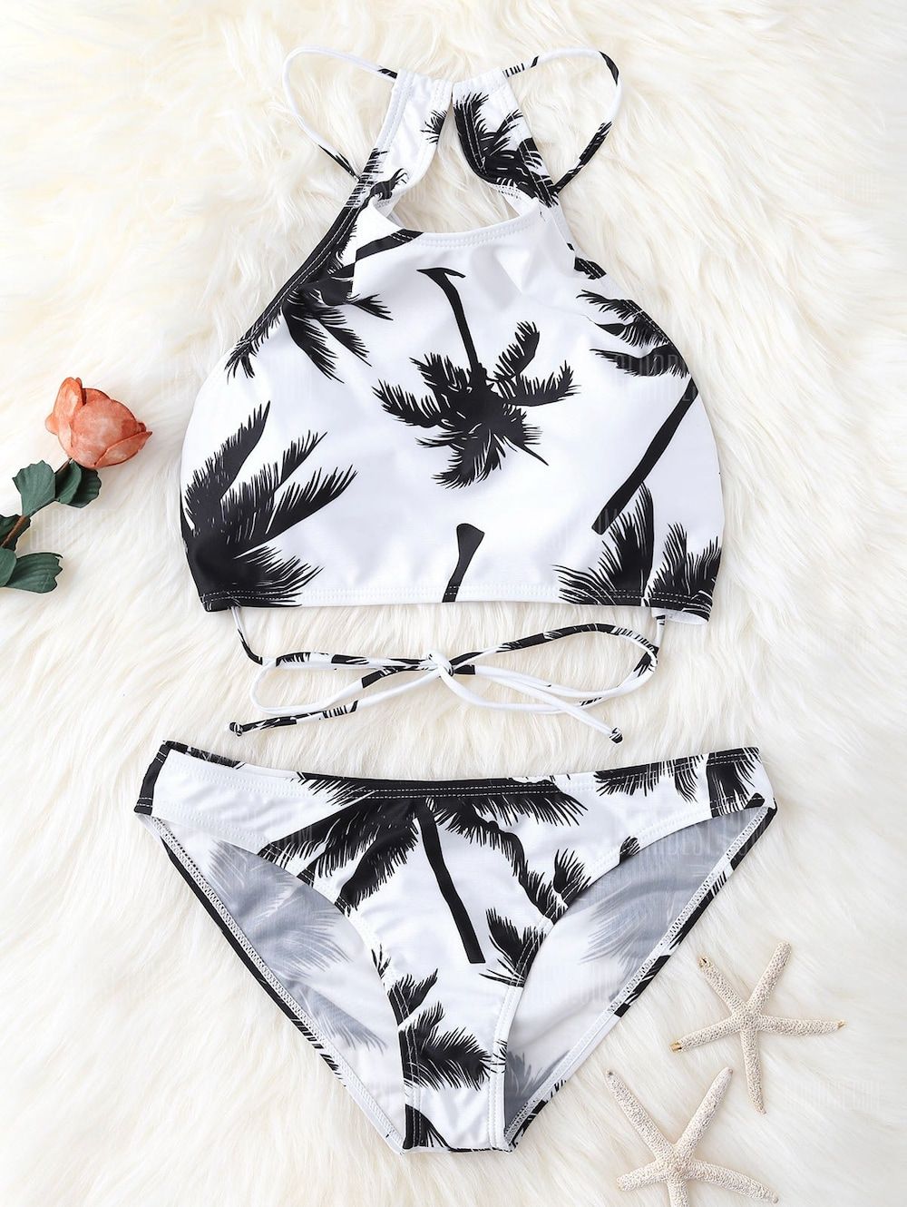 High Neck Palm Tree Push Up Bikini Bathing Suit – WHITE AND BLACK… swimsuits f…