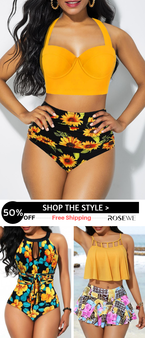 Hot Sale & Cutout Back Halter Sunflower Print Summer Bikini Set