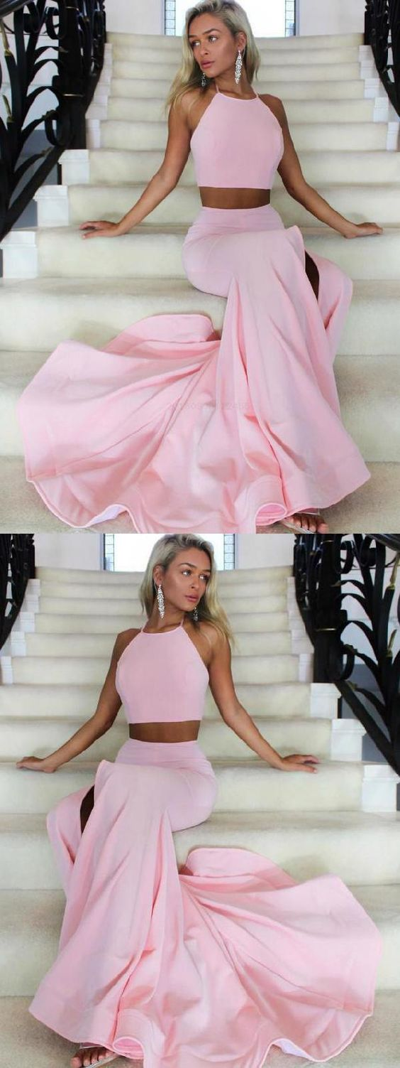 Hot Sale Enticing Prom Dress Pink Pink/Daffodil Halter Neckline Two Piece Sexy Mermaid Long Prom Dress With Slit