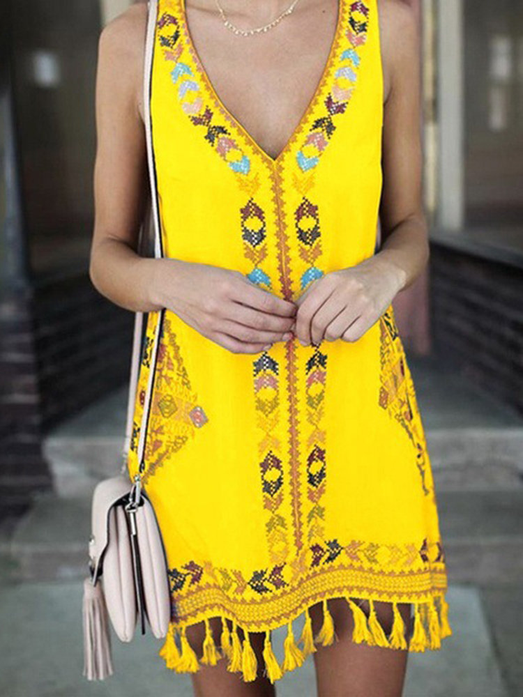 Hot saleTassels Ethnic Print Sleeveless Bohemian Dress For Women Cheap – NewChic