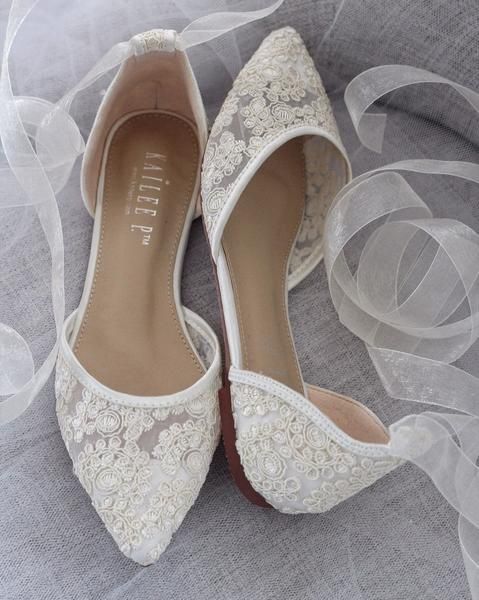 IVORY CROCHET LACE Pointy Toe with Sheer Organza Ballerina Lace Up