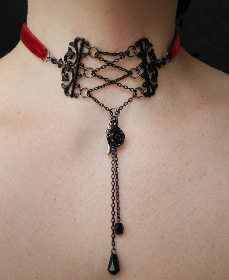 Items similar to Gothic Choker Red and Black Necklace Burlesque Velvet Choker Victorian Jewelry on Etsy