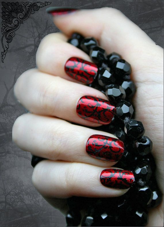 Japanese Nail Art- Red Gothic Baroque Press On Fake Nails, Goth, Gothic, Vampire, Halloween, False Nails Set, Fake Nails, Artificial Nails